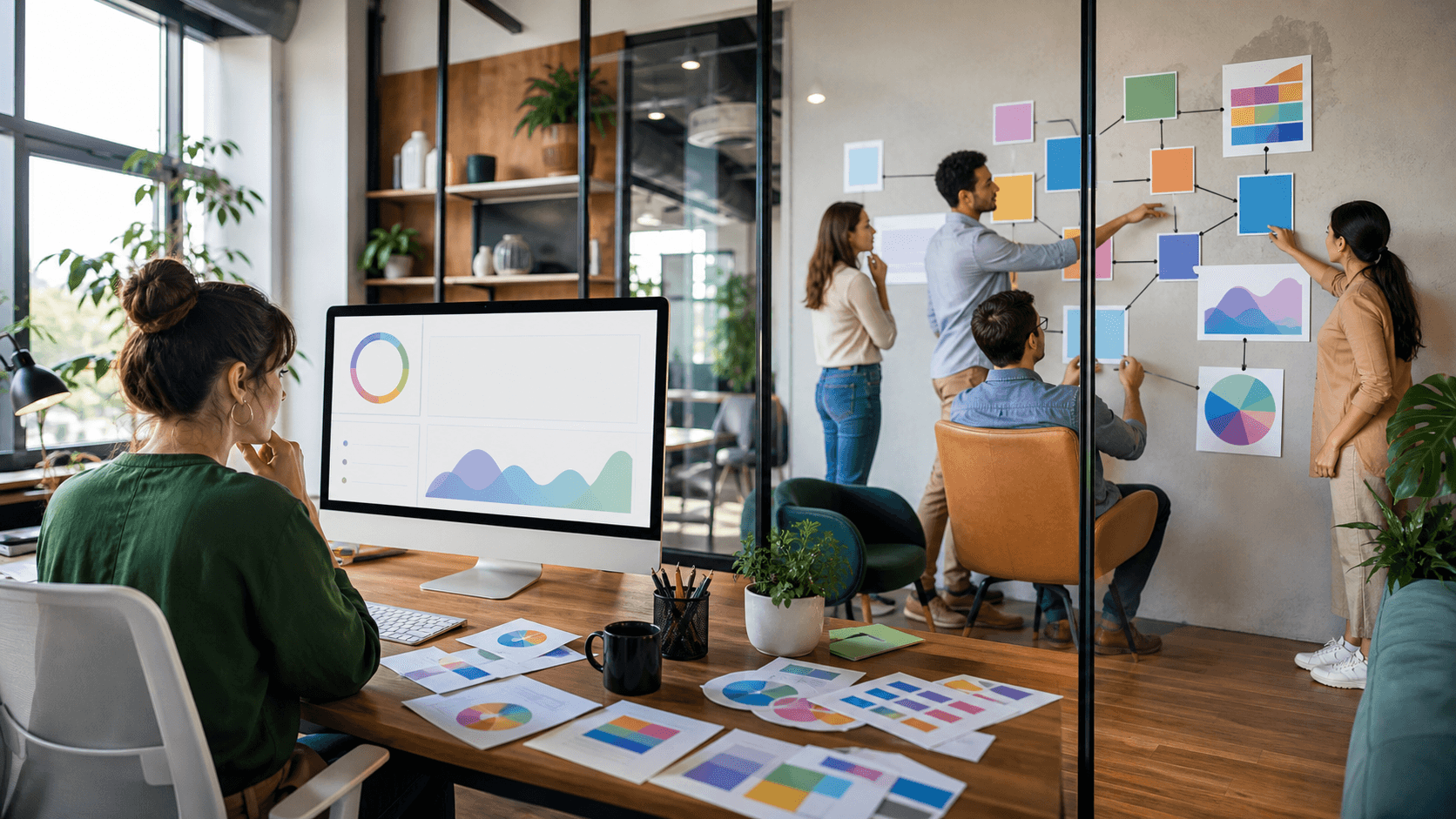 Split-screen workspace with agency and in-house teams, contrasting blue and orange dashboards under dramatic lighting.
