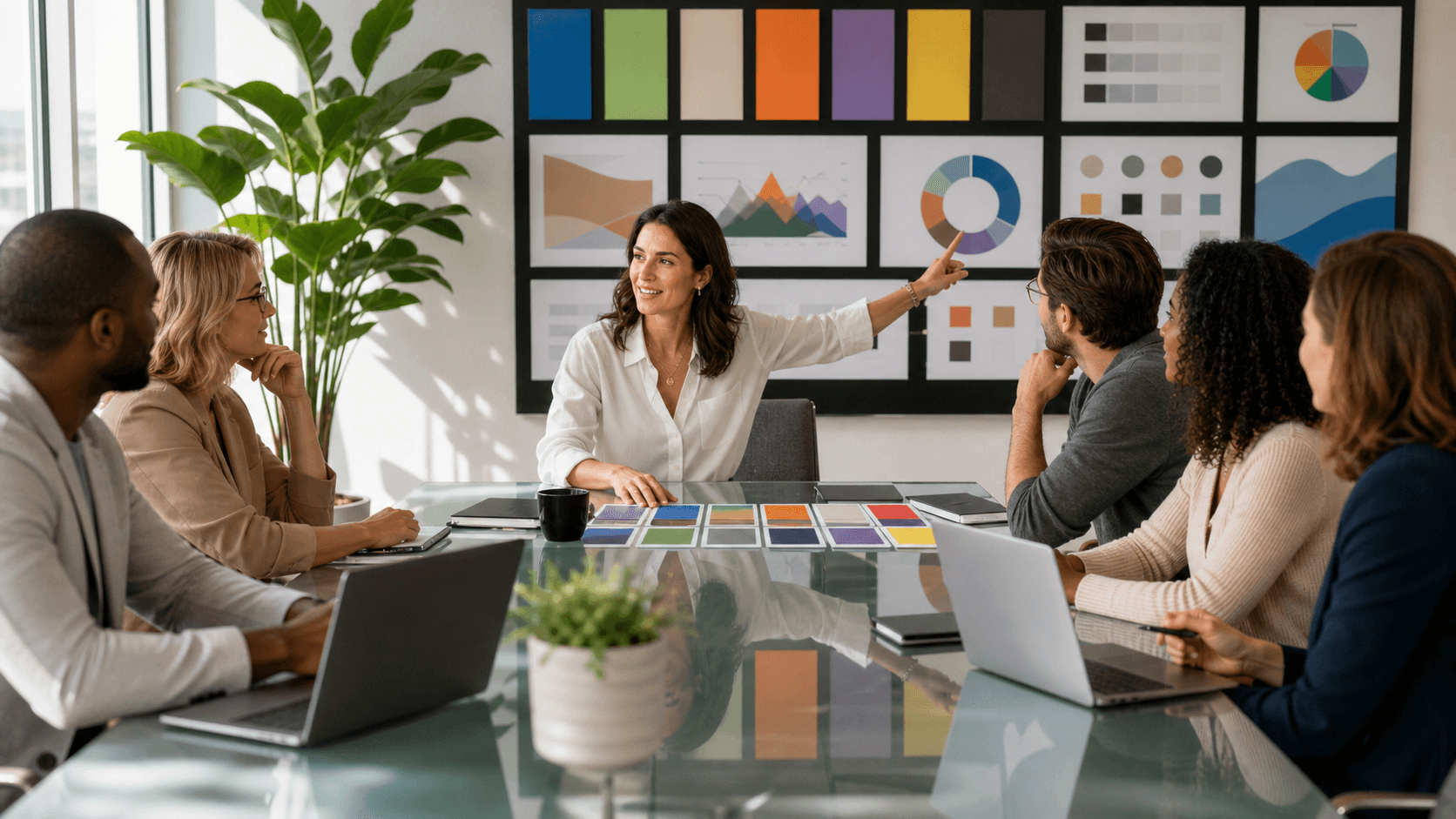 Business team reviews colorful marketing charts on a laptop in a bright, modern office.