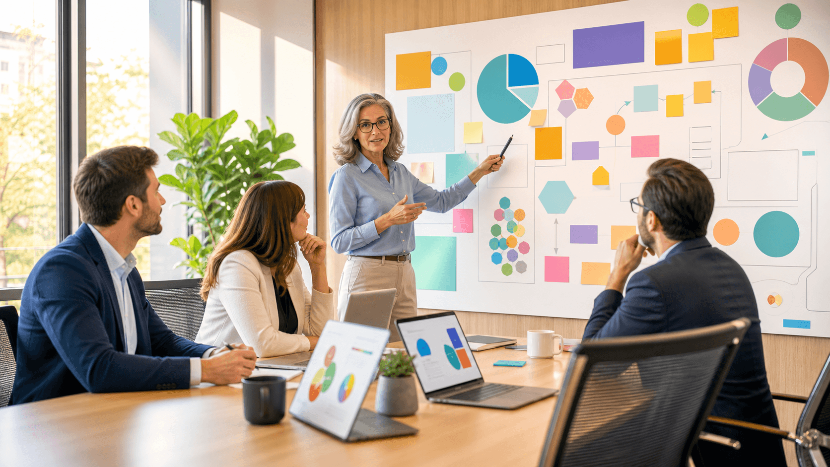 Business professional reviews colorful marketing charts on a laptop beside a notebook in a bright office.