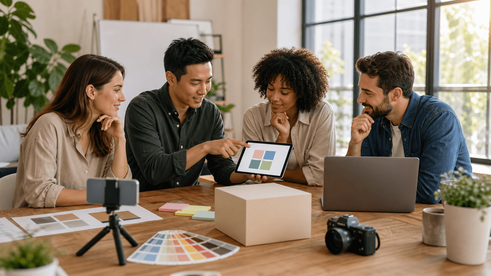 Flat lay of colorful marketing tools—laptop, notepad, charts, and sticky notes—on a bright desk in natural light