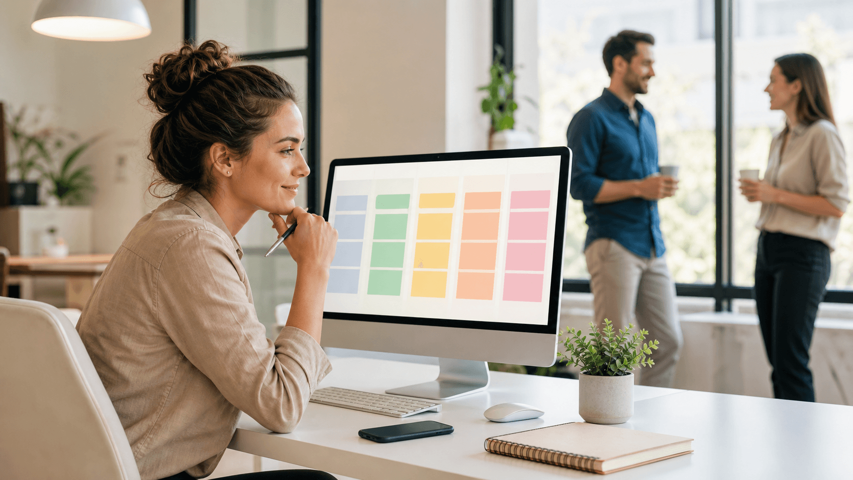 Warm desk scene with a laptop, coffee mug, and glowing message icons in soft blue and orange tones.