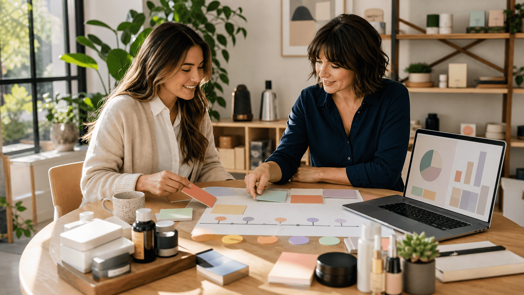 Warm desk scene with a notebook, colorful charts, coffee cup, and smartphone in soft natural light.