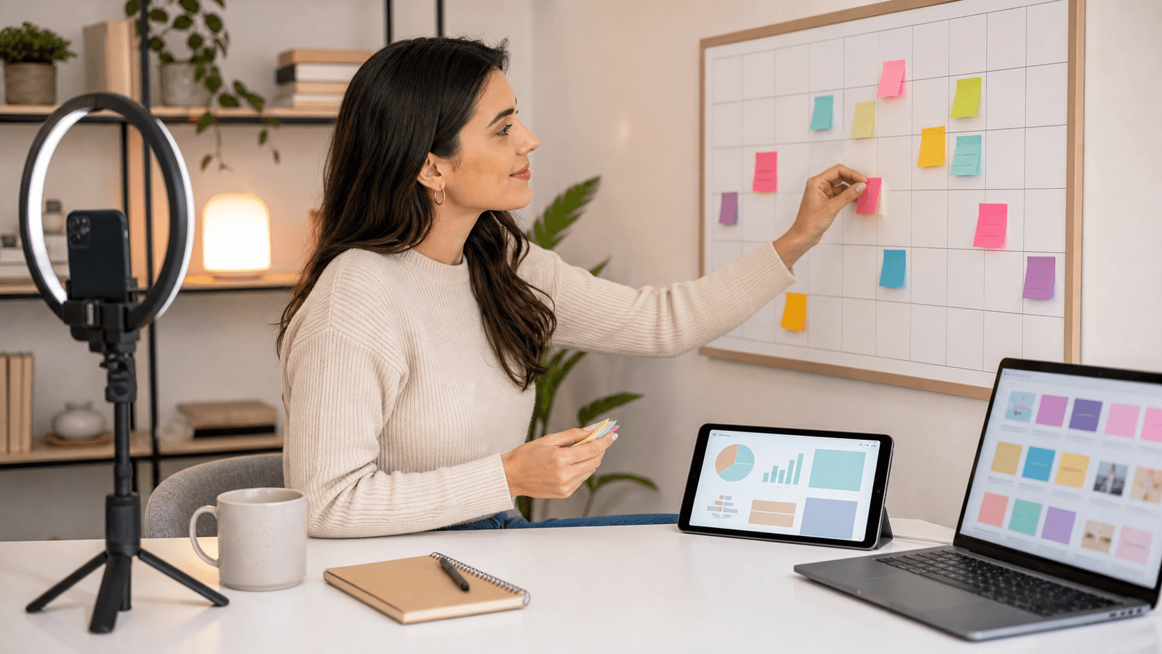 Minimalist 30-day calendar grid with colorful sticky notes and a gear icon on a clean white background
