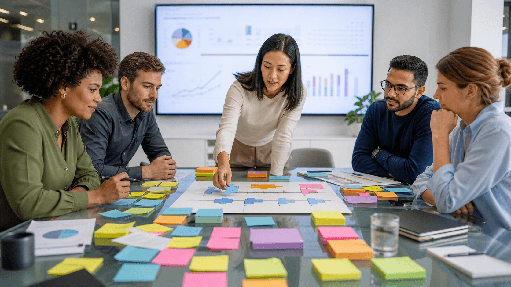 Colorful tangled lines being organized into straight paths by a team at a desk, with warm lighting and charts.