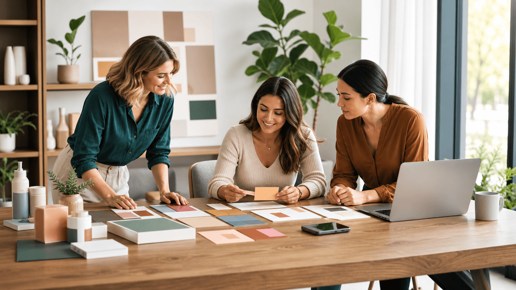 Entrepreneur reviews a colorful marketing plan on a laptop beside charts, notes, and a coffee cup.