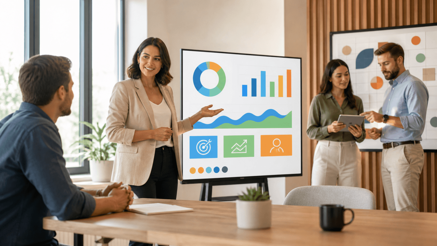 A marketer reviews colorful analytics charts on a laptop beside a glowing desk lamp.