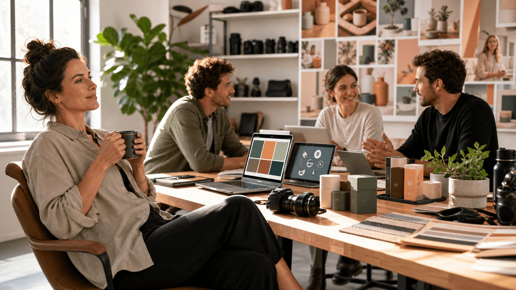 Warm office scene with a laptop, flowing blue workflow lines, and a glowing clock on a tidy desk